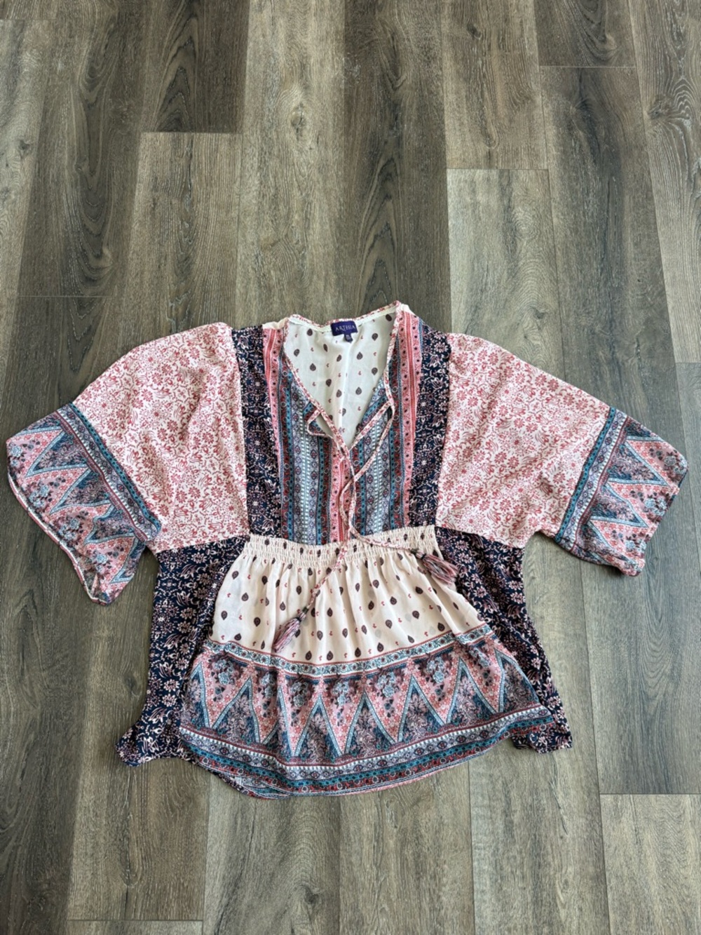 Artesia Boho Pink Patchwork Peasant Top